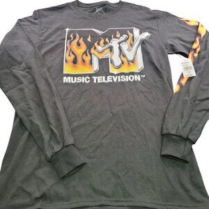 MTV Music Television Black Long Sleeve FlameT-Shirt Small Flame Sleeve Cotton NW